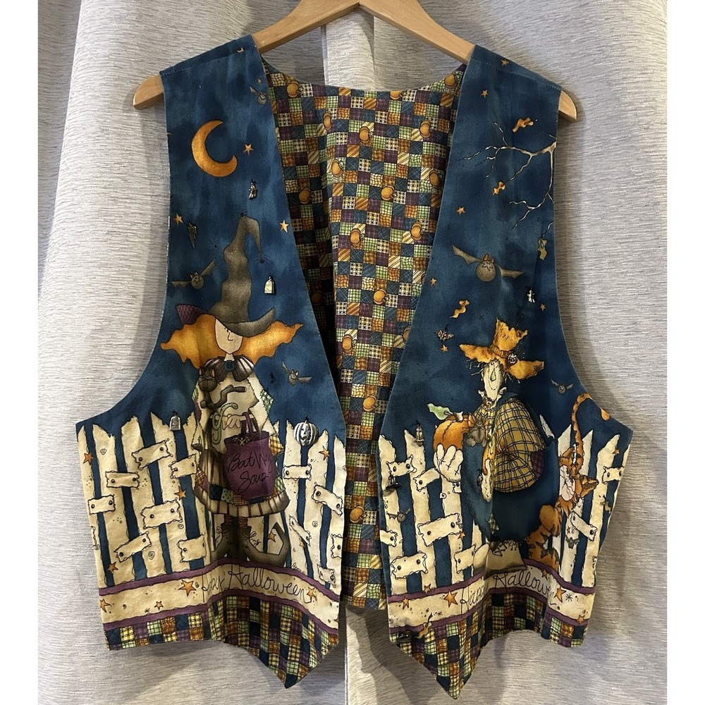 Vintage Halloween Pumpkin Witch Fall Patchwork Vest Handmade Reversible 90s